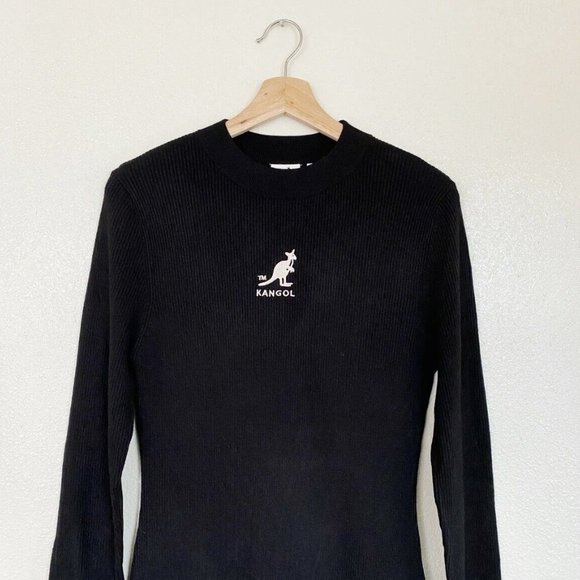 Kangol X H&M Womens L Black Long Sleeves Embroidered Ribbed Knit Bodycon Dress - Picture 9 of 13